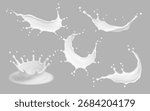Milk splashes set isolated on a gray background. Natural dairy product, yogurt or cream splash. Moisturizing lotion, white cosmetics splashing. Realistic vector illustration
