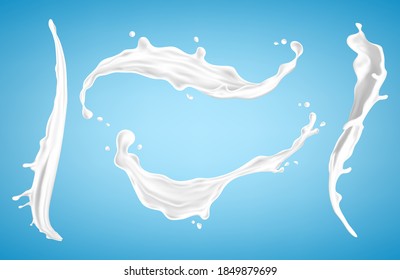 Milk splashes set isolated on blue background. Natural dairy product, yogurt or cream splash. Realistic vector illustration