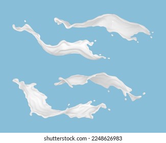 Las salpicaduras de leche están aisladas en el fondo azul. Productos lácteos naturales, yogur o crema salpicada. Ilustración vectorial realista

