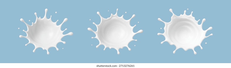 Milk splashes set isolated on blue background. Natural dairy product with flying drops. Realistic Vector illustration