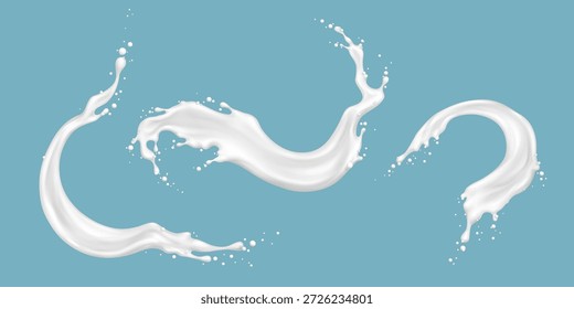 Plasmos de leite em fundo azul. Ilustração realista vetorial de espiral de iogurte branco, onda de creme abstrata, mancha de tinta com gotas e movimento, derramamento de líquido leitoso, fluxo de produtos láteos