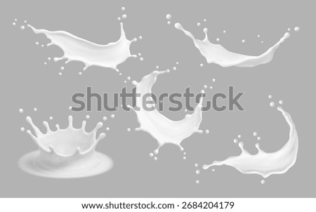 Milk splashes set isolated on a gray background. Natural dairy product, yogurt or cream splash. Moisturizing lotion, white cosmetics splashing. Realistic vector illustration