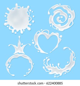 Milk splashes set. Yogurt, cream or cosmetic product blots. White smudges and drops on blue background. Spiral, round, heart, crown and abstract curves forms.