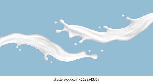 Milk splashes with smooth flowing shapes on blue background. 3D realistic dairy splashes. Vector illustration