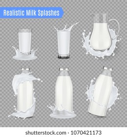Milk splashes transparent set of jug bottles and beakers made of glass and full of milk realistic vector illustration 