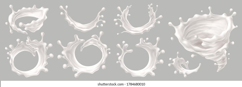 Milk Splash, Vektorgrafik isoliert Jogurt flüssige Wellen, realistisch, auf transparentem Hintergrund gesetzt. Milchcremetröpfchen, abstrakte weiße Spiralwirbel und Wellen, Rundsplash, Milchmilchgetränketropfungen