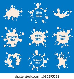 Milk splashes vector labels. Farm fresh dairy product advertising badges. Milk farm drink, splash label for package illustration