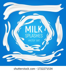 Milk splashes vector set. 3D realistic liquid natural dairy products in various shapes, organic drink yogurt swirls or creamy waves and white drops isolated on blue background