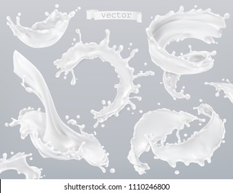 Milk splashes, yogurt, cream. 3d vector element set. Package design