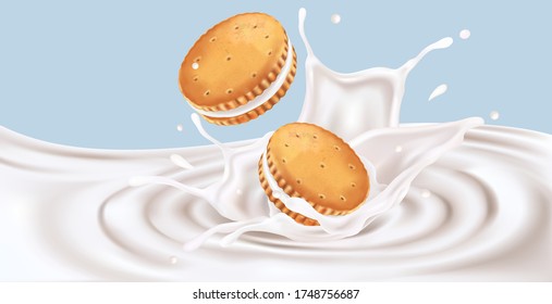Milk splashing with biscuit in the middle on solid background, Vector realistic in 3d illustration. Food concept.