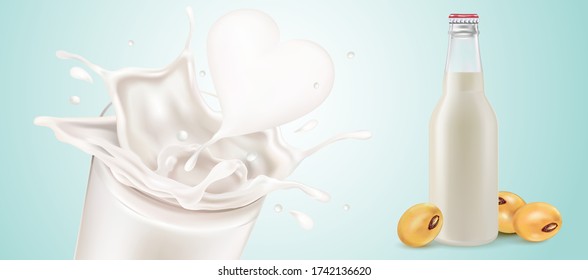 Milk splashing and bottle mock up in the middle isolated on solid background, Vector realistic in 3d illustration. Food concept.