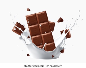 Milk splashing and Chocolate bar splashing in the middle isolated on background, Vector realistic in 3d illustration. Food concepts.Gradient Mesh