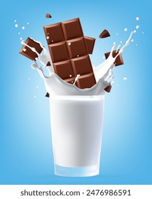 Milk splashing and Chocolate bar splashing in the middle isolated on background, Vector realistic in 3d illustration. Food concepts.Gradient Mesh