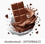Milk splashing Chocolate liquid and Chocolate bar splashing in the middle isolated on background, Vector realistic in 3d illustration. Food concepts.Gradient Mesh