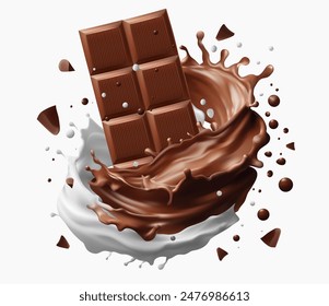 Milk splashing Chocolate liquid and Chocolate bar splashing in the middle isolated on background, Vector realistic in 3d illustration. Food concepts.Gradient Mesh