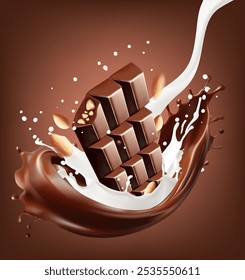 Milk splashing Chocolate liquid and Chocolate bar splashing in the middle isolated on background, Vector realistic in 3d illustration. Food concepts.Gradient