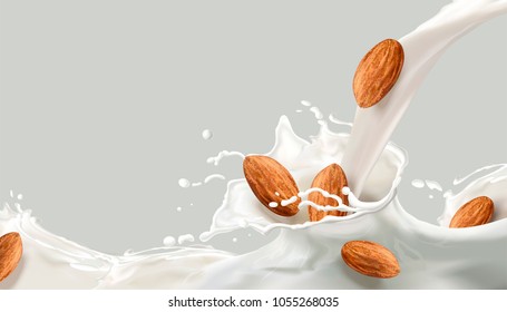 Milk splashing effect with almond in 3d illustration for design uses