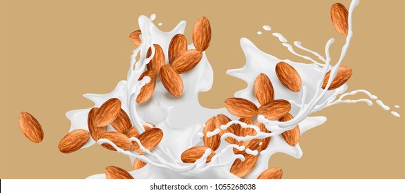 Milk Splashing Effect With Almond In 3d Illustration For Design Uses