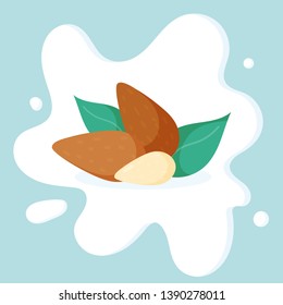 Milk splashing effect with almond in 3d illustration for design uses