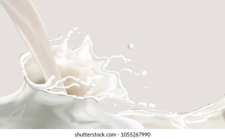 Milk splashing effect with pouring down liquid in 3d illustration for design uses