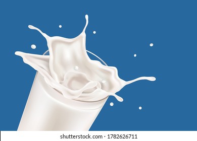 Milk splashing with glass of milk in the middle isolated on white background. Vector realistic in 3d illustration. Food concept.