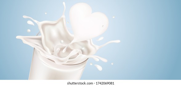 Milk splashing with heart shape in the middle isolated on white background, Vector realistic in 3d illustration. Food concept.