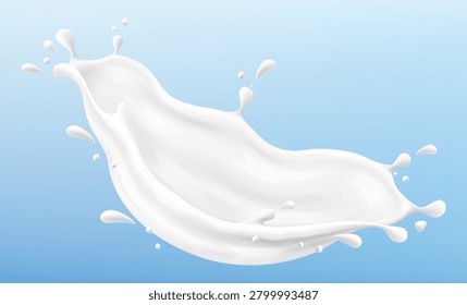 Milk splashing, liquid wave, white splash, paint, isolated on blue background. Abstract White Liquid Milk Splash. Realistic milk splash 3d vector illustration.