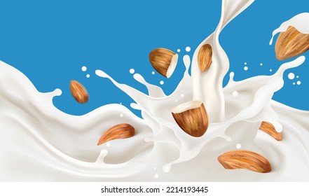 Milk splashing and Liquid of yogurt drink in 3d illustration. Realistic vector elements on solid color background. Food and Drink concepts.