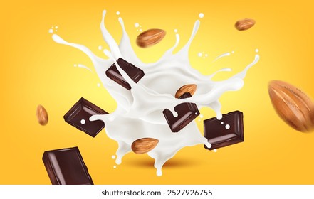 Leche salpicando en el medio con semilla de almendras, chocolate sobre fondo de color sólido, Vector en ilustraciones 3D. Conceptos de Comida y bebida.