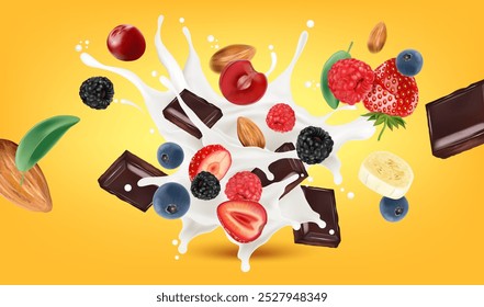 Milk splashing in the middle with Berry, strawberry, blueberry, blackberry, almond, chocolate on solid color background, Vector in 3D illustrations.