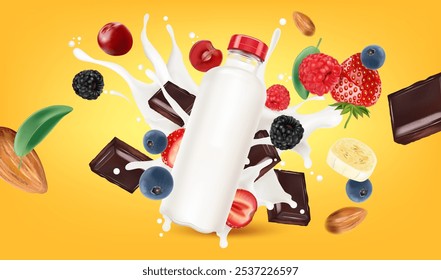 Milk splashing in the middle with Berry, strawberry, blueberry, blackberry, almond, chocolate on solid color background, Vector in 3D illustrations.