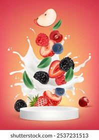 Milk splashing in the middle with Berry, strawberry, blueberry, blackberry, almond, chocolate on solid color background, Vector in 3D illustrations. Display white podium.