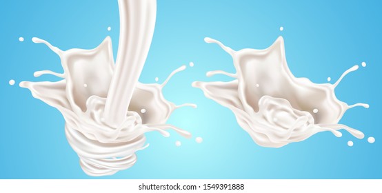 Milk splashing in the middle on solid color background. Vector realistic in 3d illustration. Food concept.