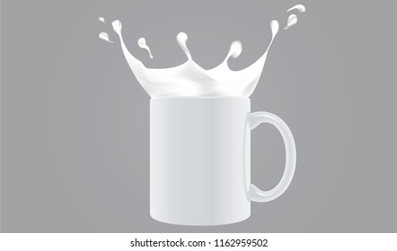 Milk splashing out of falling mug. Realistic white mug with  realistic milk splash. High resolution