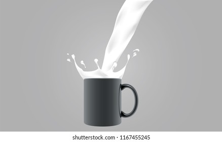 Milk splashing out of falling mug. Realistic black mug with  realistic milk splash. High resolution