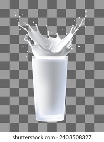 Milk splashing out of a glass. Realistic vector illustration.