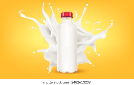 Milk splashing with packaging mock up isolated on solid color background. Vector in 3D illustrations. Food and drink concept.