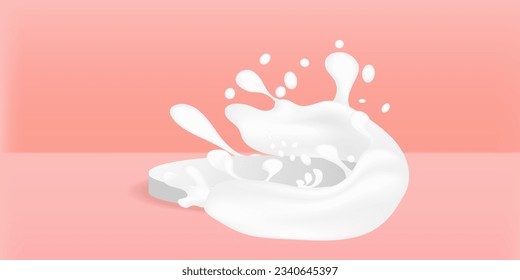 Leche salpicada en el fondo blanco del podio.  Presentación del producto, simulación, presentación de productos cosméticos, podio, pedestal de escenario o plataforma. Ilustración del vector