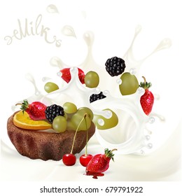 Milk splashing, pouring, dessert with berries and fruits, vector