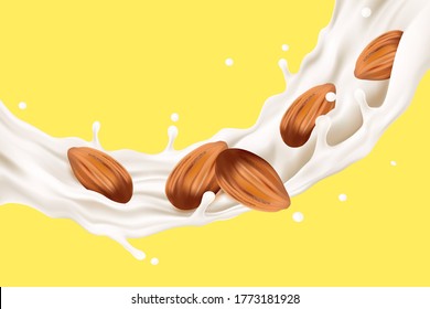 Forma de salpicadura de leche con semilla de almendras en el medio aislado sobre fondo de color sólido, Vector realista en ilustración 3d. El concepto de comida.