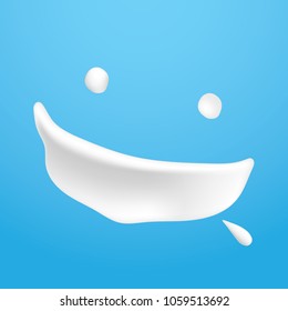 Milk splashing to smiley face. Fun and healthy concept. White cream splash