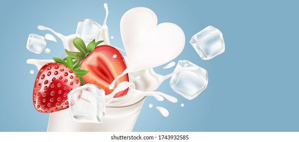 Milk splashing with strawberry slice, ice cube in the middle on solid background, Vector realistic in 3d illustration. Food concept.