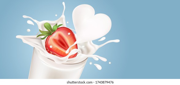Leche salpicada con rodajas de fresa en el medio aislado sobre fondo blanco, Vector realista en ilustración 3d. El concepto de comida.