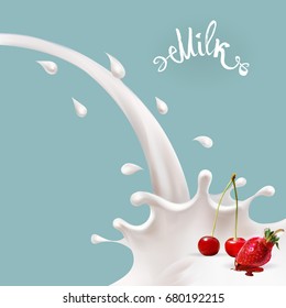 Milk spray, pouring, dessert with berries and fruits, vector cocoa caramel