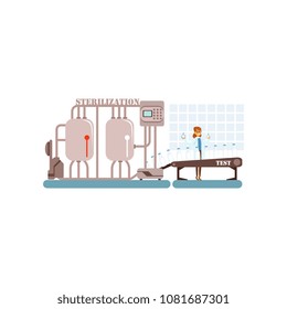 Milk sterilization conveyor line with smiling worker, production of milk, dairy industry vector Illustration on a white background