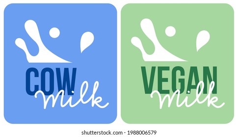 Milk stickers with lettering  plant based milk and farm milk signs with splashes. Vector illustration.