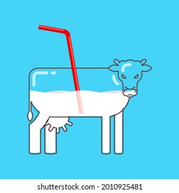 Milk with straw. Fresh Milk in cow. vector illustration