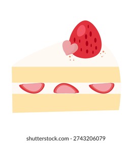 Milk strawberry cake slice with cream and berries vector clipart isolated on white.