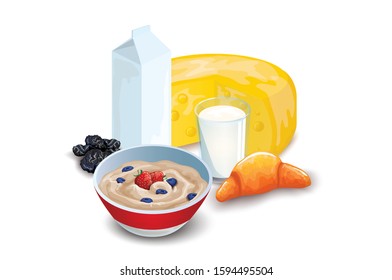 Milk, Strawberry, croissants, granola, muesli with yogurt and berries,cheese with fruits Vector Illustration on White Background.