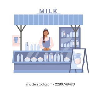 Milk street stall, isolated kiosk with assortment of dairy products from farm. Organic and natural ingredients for cooking. Flat cartoon, vector illustration